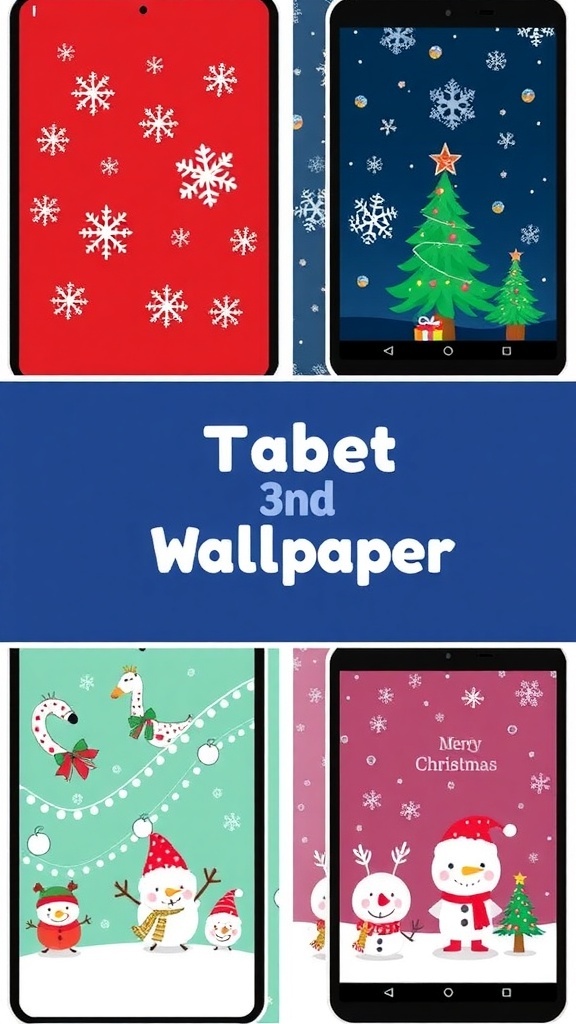 Cute Christmas wallpapers featuring snowmen, reindeer, and Christmas trees for tablets.